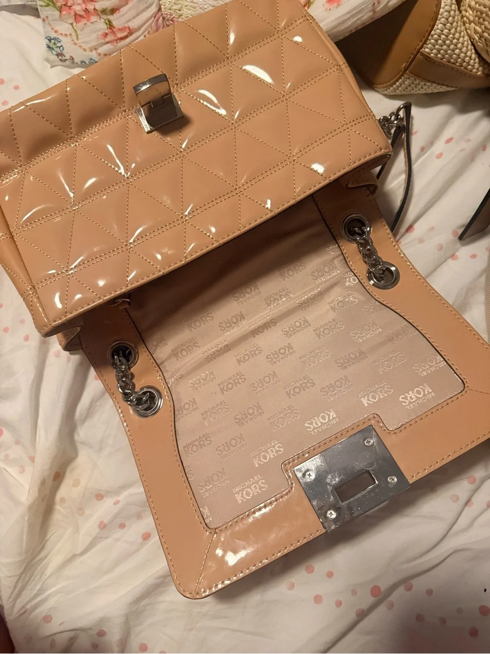 Michael Kors Quilted Beige Shoulder Bag with Silver Chain